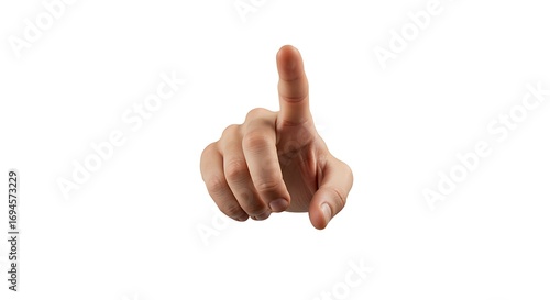 A hand pointing forward with index finger extended, photorealistic, isolated on white background