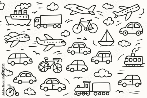 Doodle style transportation icons featuring cars, airplanes, ships, trains, and bicycles