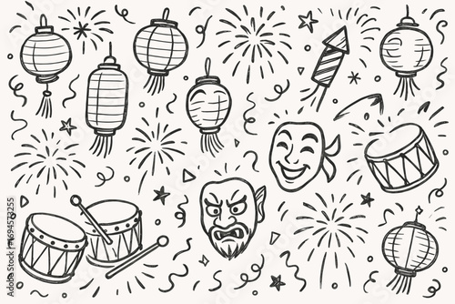 Festive celebration doodle with lanterns, drums, masks, and fireworks
