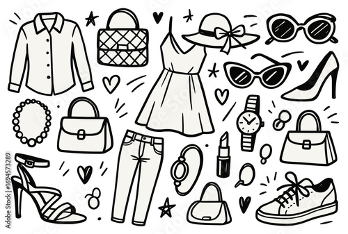 Fashion accessories and apparel icons dress, bags, shoes, sunglasses, jewelry