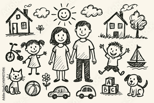 Hand-drawn family scene with caucasian parents and children in a playful outdoor setting