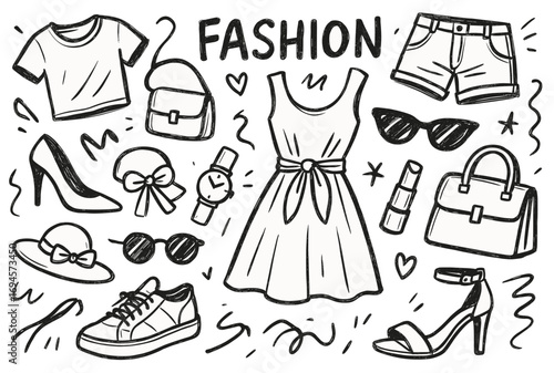 Hand-drawn fashion elements dresses, accessories, sunglasses, shoes, bags, and more