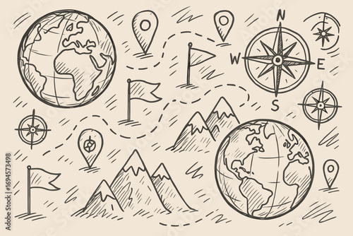  Hand-drawn map elements with globes, mountains, flags, and compass designs