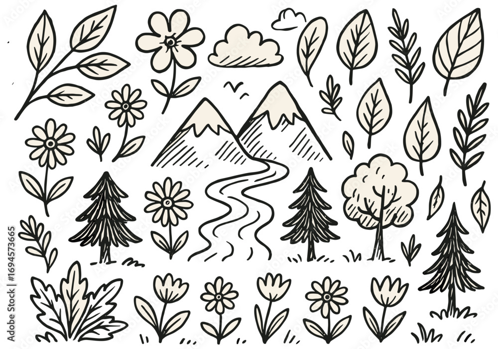 Fototapeta premium Hand-drawn nature scene with mountains, trees, and flowers in black and white