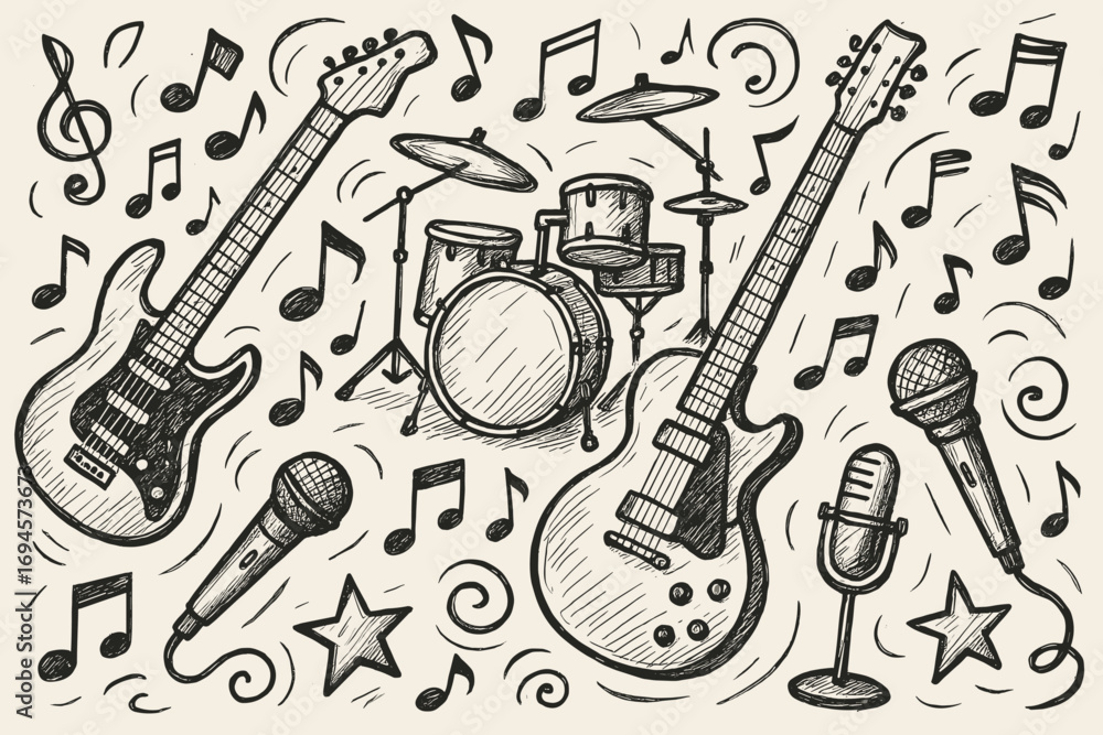 Obraz premium Hand-drawn musical instruments with guitars, drums, and microphones with music notes