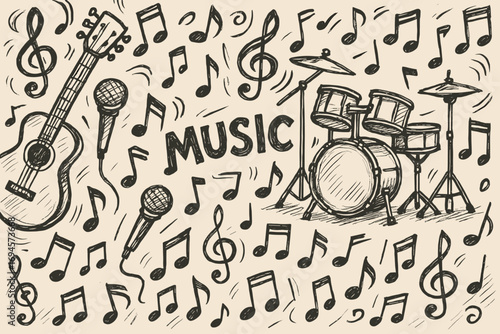 Hand-drawn musical instruments and notes doodle with guitar, drums, microphones