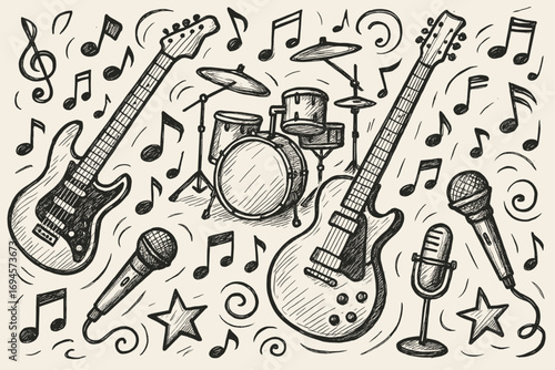 Hand-drawn musical instruments with guitars, drums, and microphones with music notes