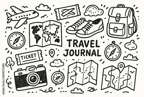 Hand-drawn travel doodles featuring airplane, world map, camera, shoes, backpack, and compass