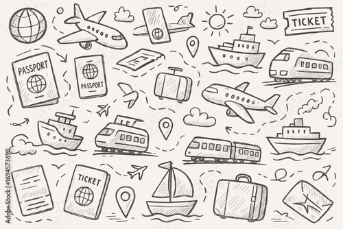 Hand-drawn travel icons featuring planes, trains, boats, and tickets