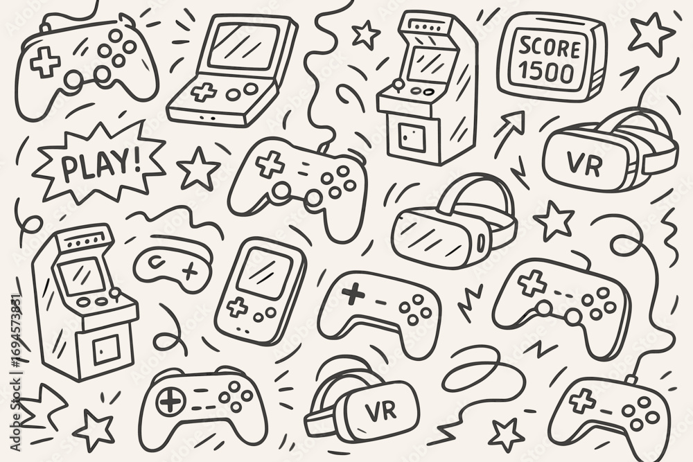 Fototapeta premium Retro gaming and modern vr consoles doodle pattern