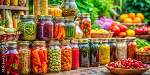 Colorful Display of Fresh Vegetables and Preserved Jars in Market