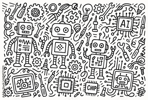  Playful robot doodle with ai elements and computer chips