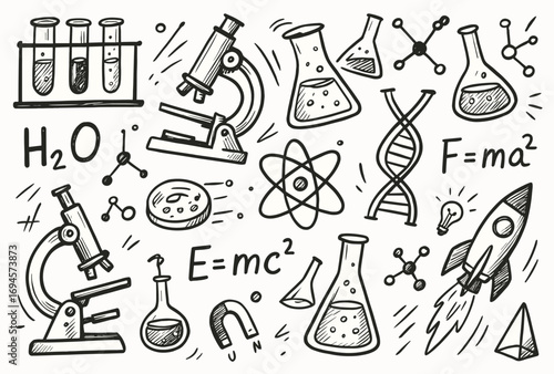 Science doodles featuring microscope, dna, and chemistry elements