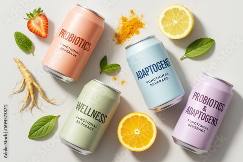 Colorful functional beverage cans with wellness, probiotics, and adaptogens labels surrounded by fresh ingredients on light abstract background. Ai generative