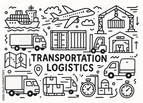 Transportation and logistics icons featuring shipping, trucks, airplane, and warehouse