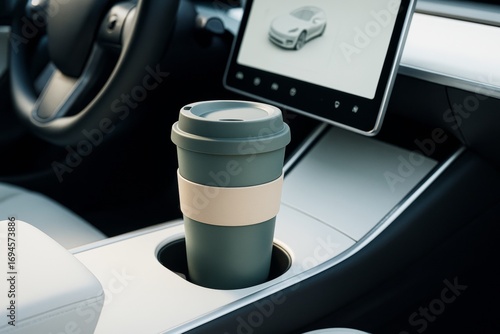 Reusable coffee cup in modern car interior cupholder with touchscreen dashboard and minimalistic design under soft daylight, concept of eco travel. Ai generative