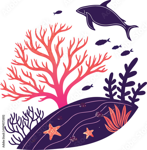 Vibrant underwater coral reef scene with playful whale and schools of fish swimming freely