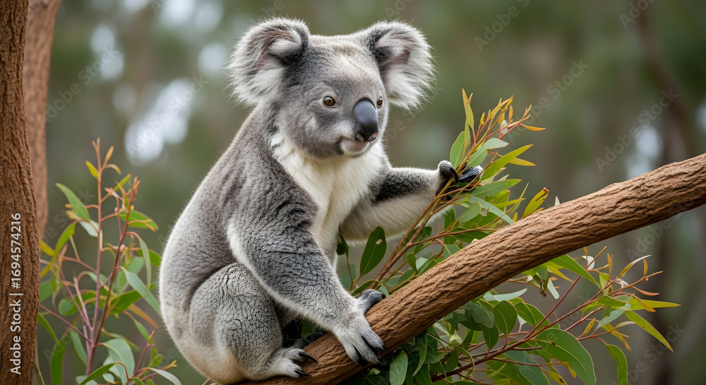 Fototapeta premium Gray Koala Sitting on Branch with Green Leaves in Natural Setting