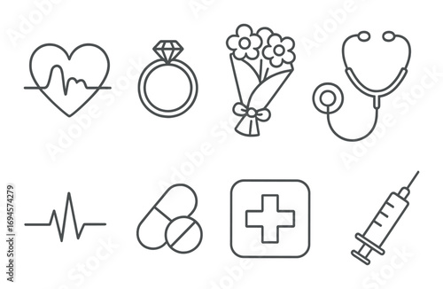 Medical and celebration icons: heart, ring, flowers, stethoscope, pills, syringe