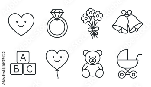Wedding and baby icons: rings, flowers, teddy bear, stroller, bells
