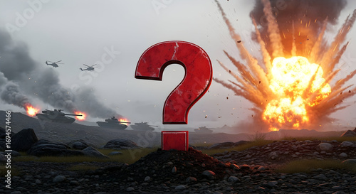 Red Question Mark in War Zone with Tanks and Explosion