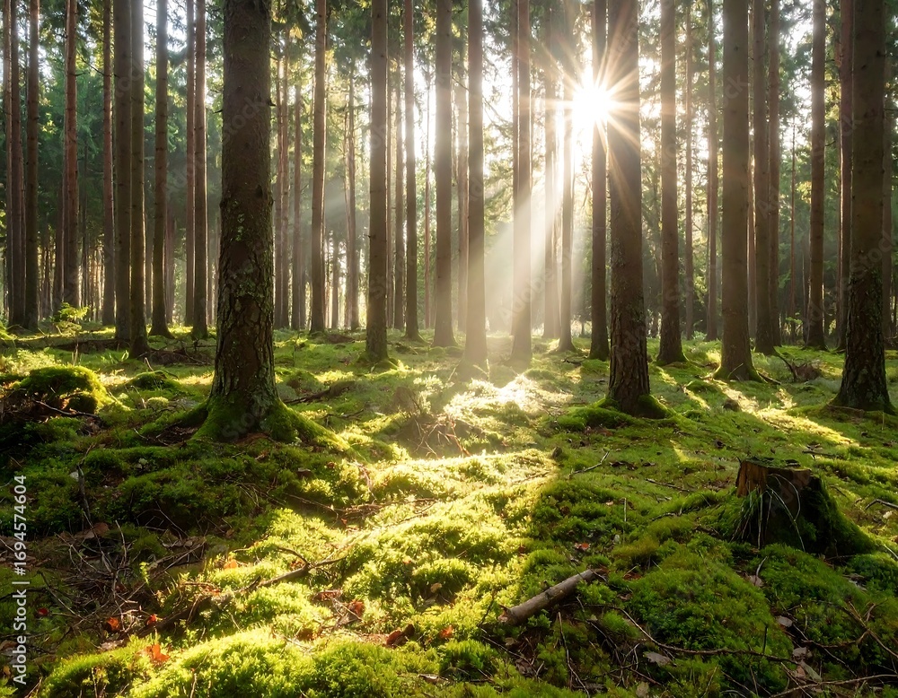 Obraz premium Sunlight streams through a mossy forest (2)