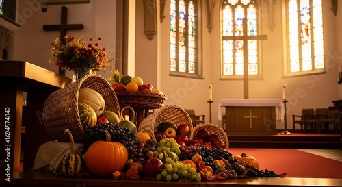 Abundant harvest display inside a church for thanksgiving