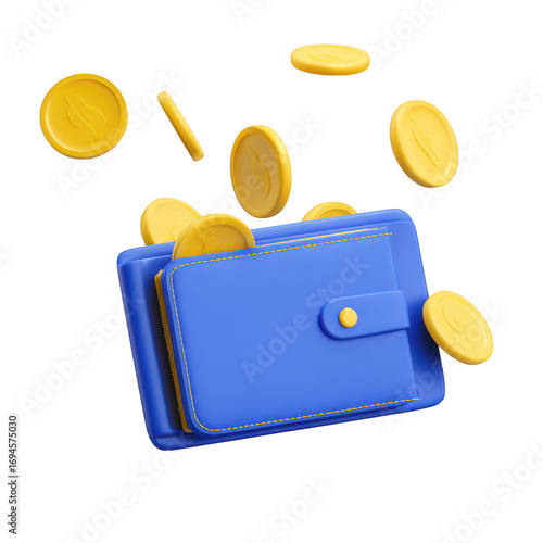 Blue wallet with falling golden coins on a transparent background money finance isolated on a transparent background