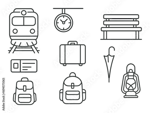 Train travel essentials: luggage, backpack, and train station icons