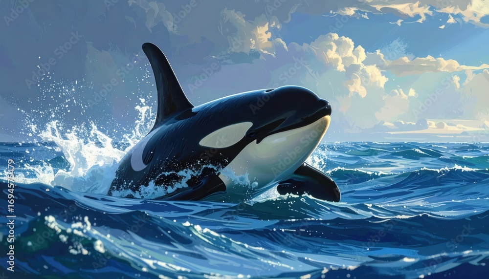 Fototapeta premium A orca whale gracefully leaps through the ocean waves, a powerful image of marine life under a bright sky.