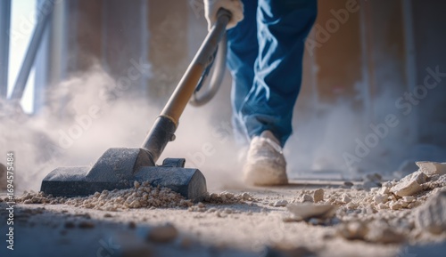 Worker cleaning construction debris with vacuum