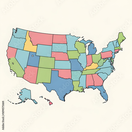 United States Map Illustration with Colorful States