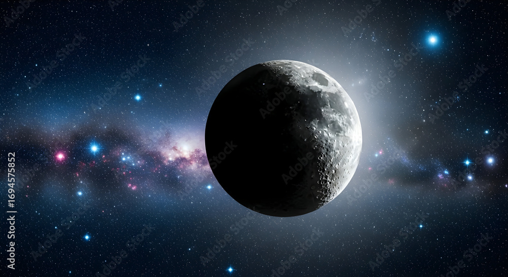 Obraz premium Dramatic Moon Against Colorful Galactic Nebula Starfield Space
