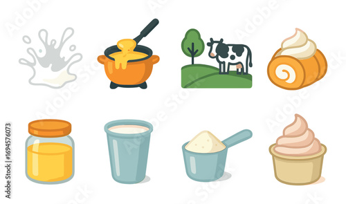 Dairy icons set: milk, cheese, cow, cream, honey, yogurt, and powder illustrations