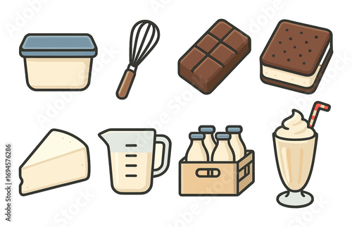 Cartoon milkshake ingredients with ice cream, chocolate, and dairy products