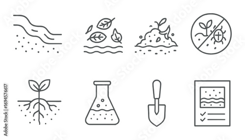 Soil and plant science icons: growth, analysis, and pest control symbols