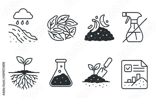 Set of eco-friendly gardening and composting icons on metal background
