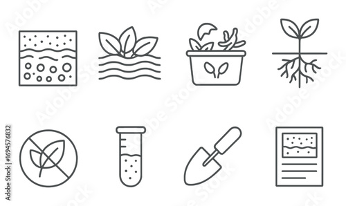 Sustainable gardening icons: soil, plants, tools, and eco-friendly practices