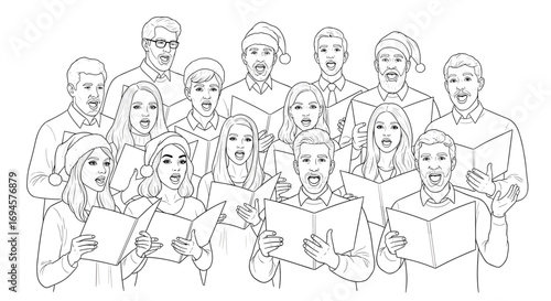 Christmas carolers singing together in line art illustration