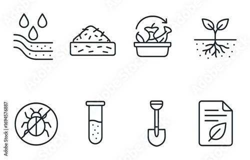 Icons of soil, plant growth, and agriculture: water, fertilizer, cycle, roots, pest, test, shovel, document