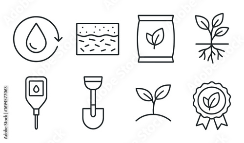 Essential gardening icons: watering, soil, fertilizer, tools, plants, certification