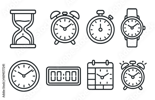 Variety of timepieces: hourglass, clocks, stopwatch, watch, calendar icons on dark background