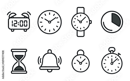 Minimalist clock and timer icons set on grayscale background