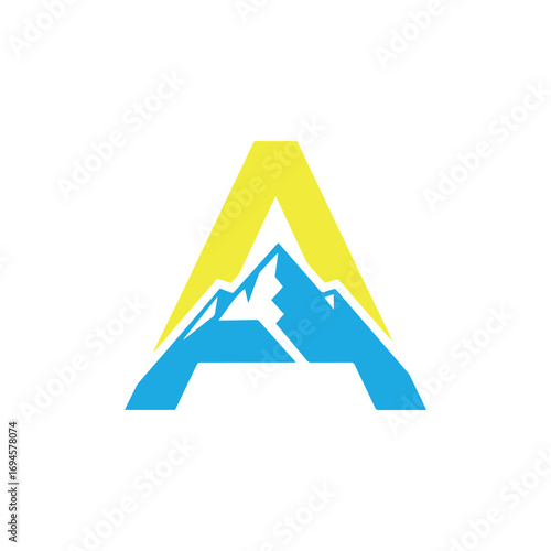 A creative logo featuring a stylized letter 'A' integrated with a mountain peak and a yellow sun. Ideal for travel, hiking, and adventure brands.