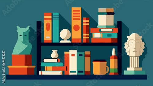 A mix of old and new on a bookshelf with vintage books and modern sculptures.