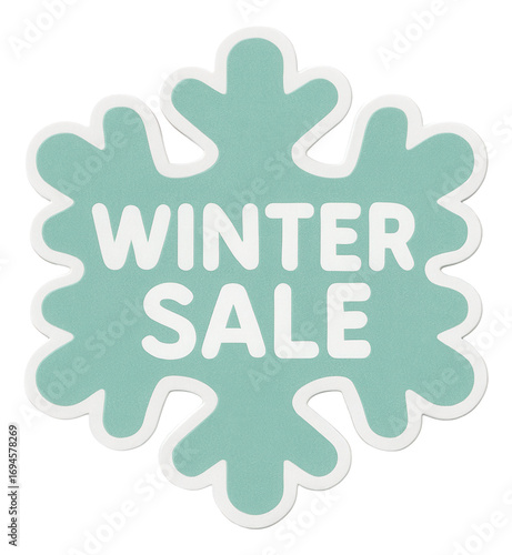 Mint snowflake sticker with WINTER SALE text in bold white, vibrant retail discount promo on transparent background.