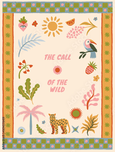 Vector whimsical tropical art clipart with tropical animals and birds, with decorative frames and borders, abstract nursery prints and posters with hand-drawn illustrative simple graphics