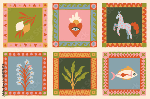 Vector whimsical tropical art clipart with tropical animals and birds, with decorative frames and borders, abstract nursery prints and posters with hand-drawn illustrative simple graphics