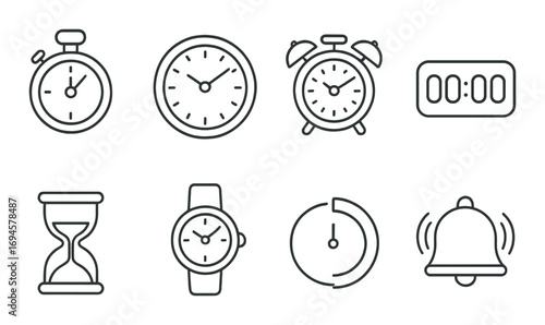 Various clock icons on dark background illustrating time and alarms