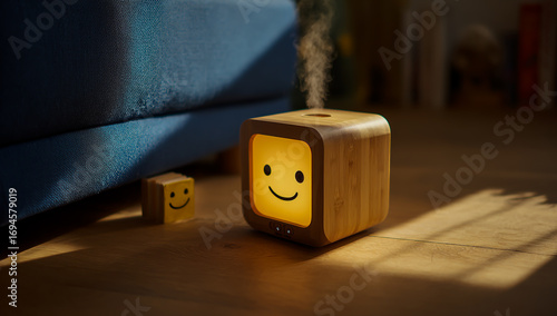 Cute wooden humidifier with a smiling face glows warmly next to a small toy block
